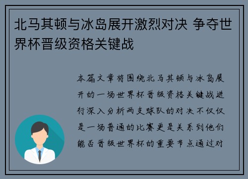 北马其顿与冰岛展开激烈对决 争夺世界杯晋级资格关键战