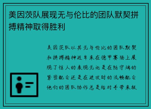 美因茨队展现无与伦比的团队默契拼搏精神取得胜利