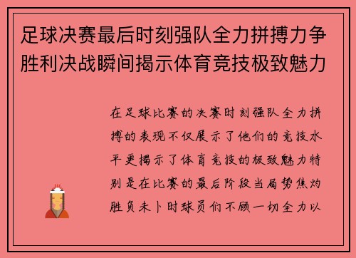 足球决赛最后时刻强队全力拼搏力争胜利决战瞬间揭示体育竞技极致魅力