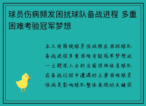 球员伤病频发困扰球队备战进程 多重困难考验冠军梦想